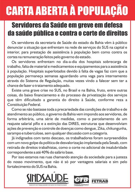 Sindsaúde Ba Carta Aberta à População