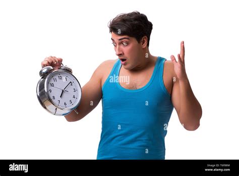 Man Waking Up With Alarm Clock Isolated On White Stock Photo Alamy