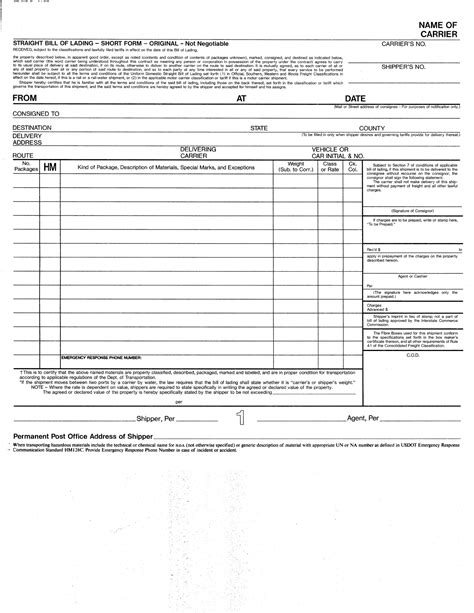 Download Straight Bill Of Lading Short Form For Free Formtemplate