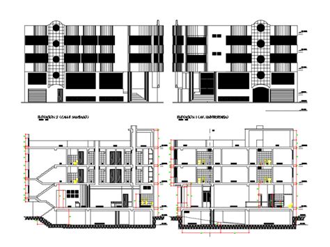 Multi Story Luxuries Hotel With Restaurant Elevation And Sectional