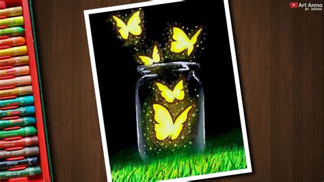 Magical Glowing Butterfly Scenery Drawing With Oil Pastels Step By