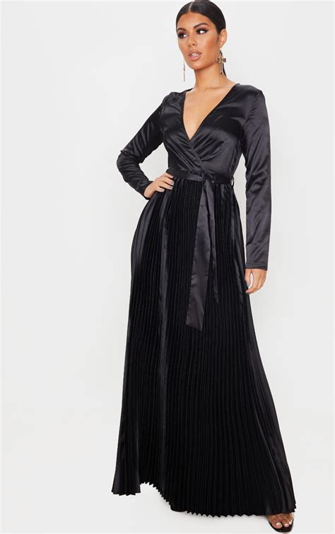 Black Satin Pleated Maxi Dress Dresses Prettylittlething Il