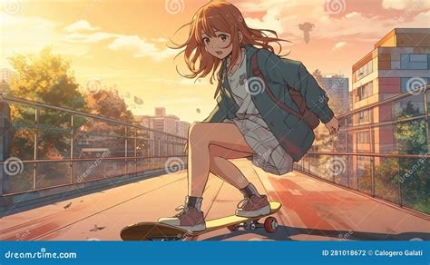 A Beautiful And Cute Anime Girl On A Skateboard In Front Of A Big Asian