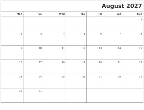 August 2027 Printable Blank Calendar
