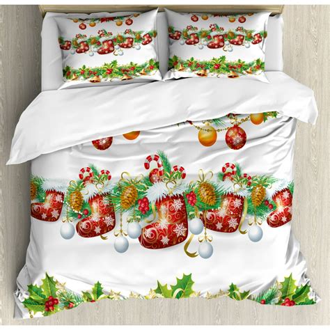 Christmas Queen Size Duvet Cover Set Traditional Garland Designs With