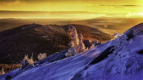 Snow Covered Mountain And Yellow Sky During Sunset Hd Nature Wallpapers