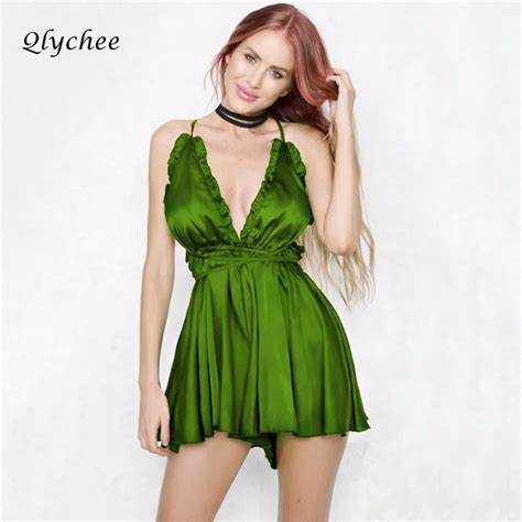 Qlychee Sexy Women Deep V Plunge Halter Subtle Frilling Luxe Silk Satin Playsuit Backless Party