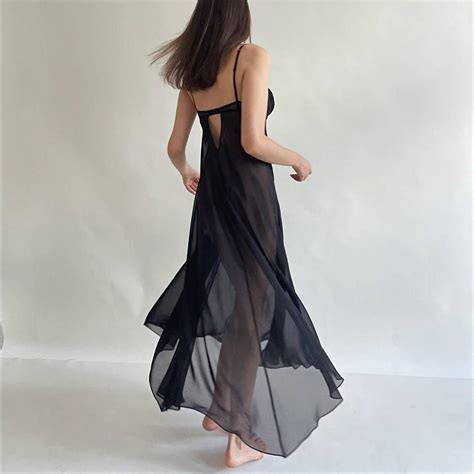 Sophisticated Black Mesh Lingerie Night Gown With Depop