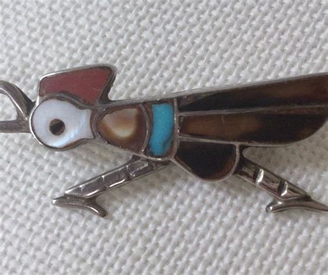 Vintage Zuni Silver Roadrunner Pin Native American Gemstone Etsy