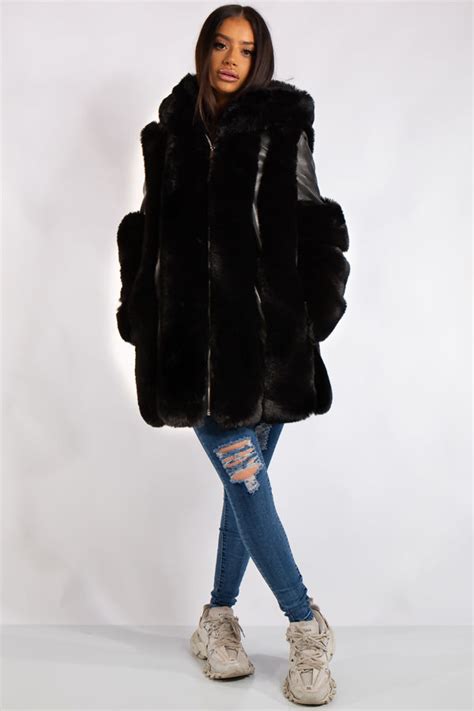 Aleah Black Faux Fur And Leather Coat