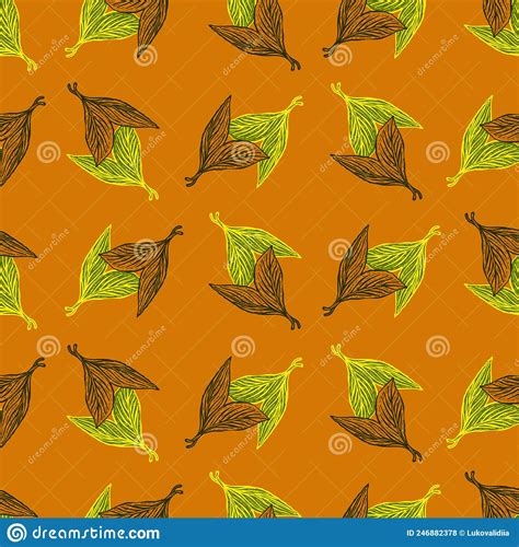Seamless Pattern Engraved Leaves Vintage Background Of Tea Leaf In