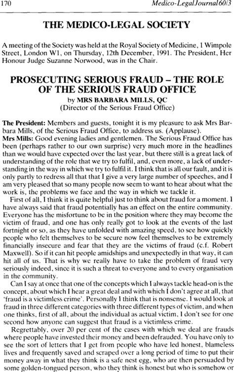 Prosecuting Serious Fraud — The Role Of The Serious Fraud Office Barbara Mills 1992