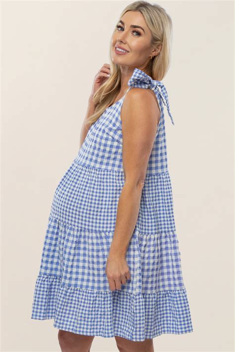 Blue Gingham Tiered Maternity Dress Pinkblush
