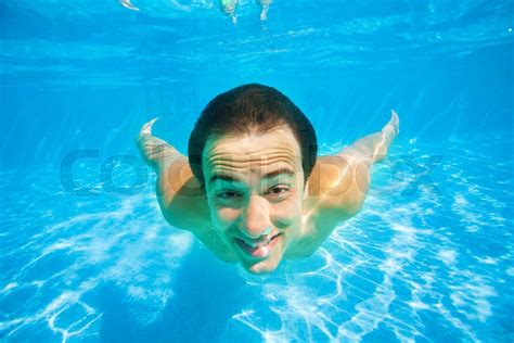 Close Up View Happy Man Swimming Underwater Stock Image Colourbox