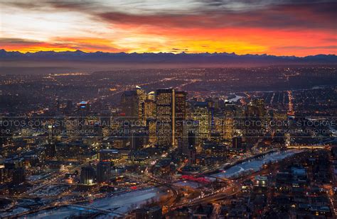 Aerial Photo Calgary City Skyline At Sunset