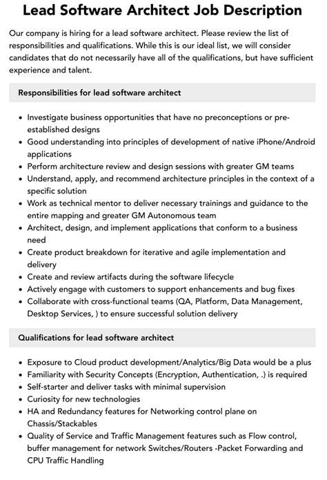 Lead Software Architect Job Description Velvet Jobs