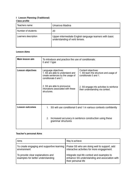 Traditional Lesson Plan 1st Class Pdf Learning Sentence