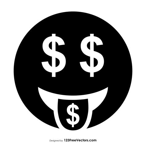 Emoji meaning a yellow face with raised eyebrows, dollar signs for eyes, and an open smile sticking out a tongue styled after a green emoji meaning cash money! Black Money-Mouth Face Emoji