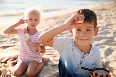Cute Little Children Playing With Sea Shells On Beach Stock Photo