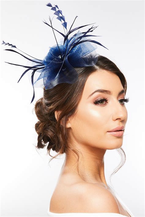 Throw your hair up in a messy bun for this quiz! Quiz Navy Jewel Feather Headband Fascinator | Fascinator ...