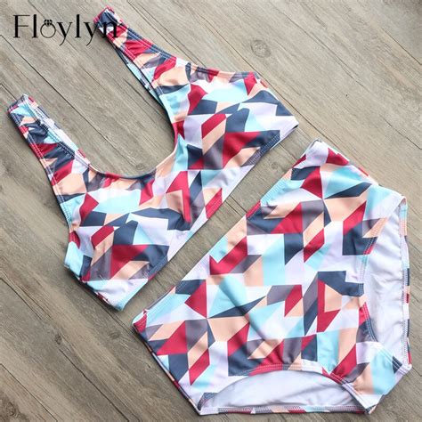 Floylyn Sexy Geometry Print Bikini High Waist Push Up Bathing Suit