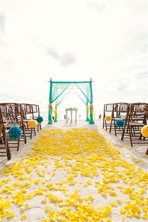 Yellow And Turquoise Beach Wedding Ceremony Decor With