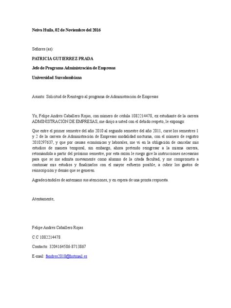 Carta De Solicitud De Reintegro A La Universidad Pdf