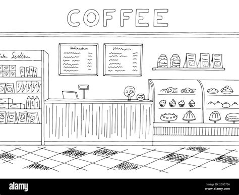 Cafe Graphic Black White Interior Sketch Illustration Vector Stock