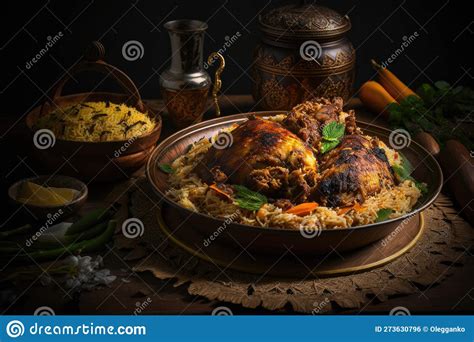 Saudi Arabian Dish Chicken Kabsa With Rice Mandi Illustration Ai