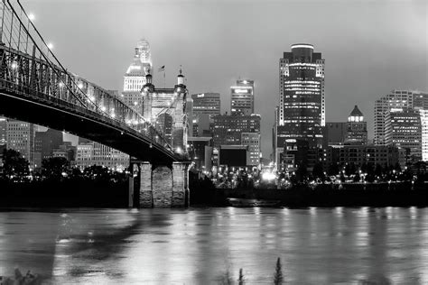 Downtown Cincinnati City Skyline Black And White Photograph By