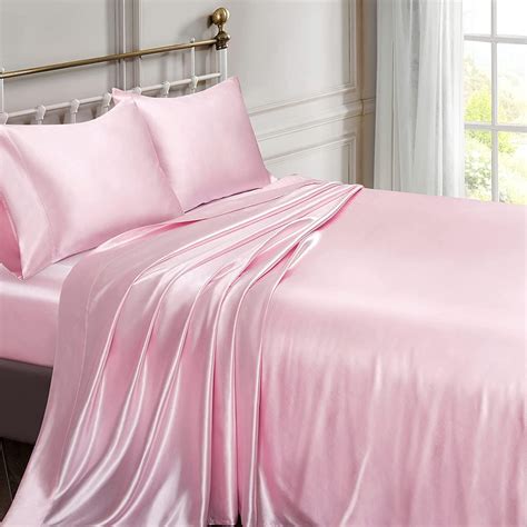 Vonty Satin Sheets Full Size Silky Soft Satin Bed Sheets Pink Satin