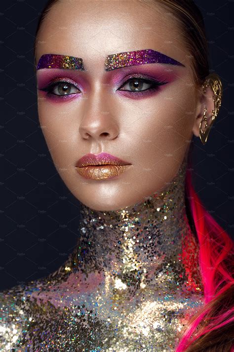Beautiful Girl With Creative Glitter Makeup Sparkles