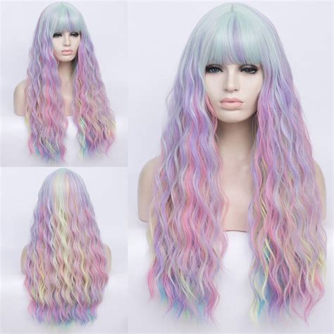Rainbow Colorful Wig Long Wig Multicolor Wig Natural Wavy Wig Etsy