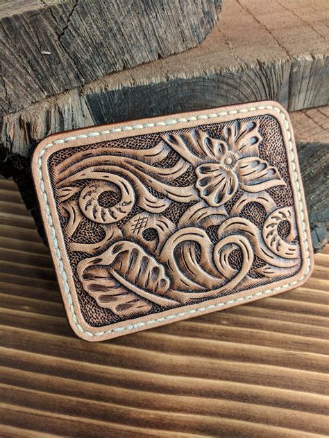 Hand Tooled Leather Front Pocket Wallet With Western Flower Art Slim