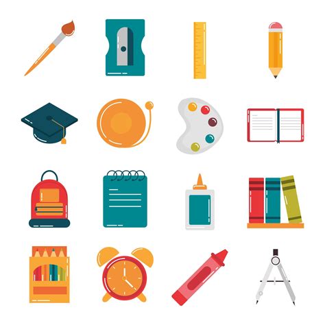 School Education Supply Class Stationery Flat Style Icons Set 2615132