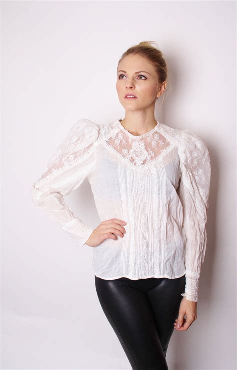 vintage victorian edwardian avant garde puff sleeve white lace boho blouse romantic blouse