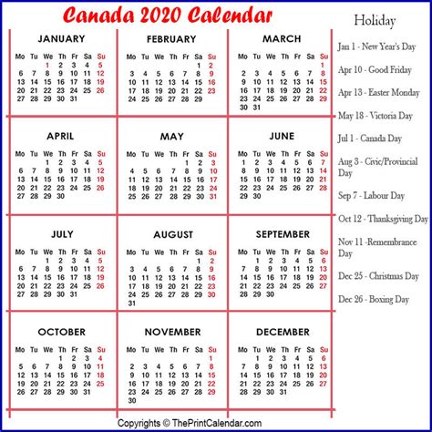 Calendar 2020 Canada Canada 2020 Yearly Printable Calendar