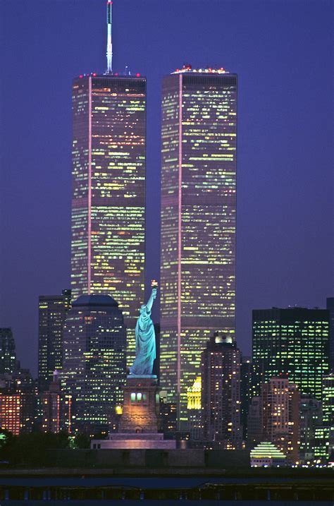 Statue Of Liberty Between Twin Towers World Trade Center At Twilight