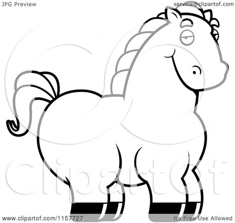 Cartoon Clipart Of A Black And White Chubby Horse Vector Outlined