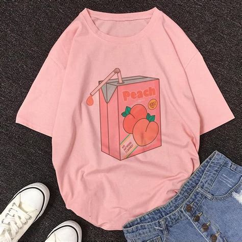 Cartoon Peach Juice Japanese Aesthetic T Shirt Summer Tees Fo