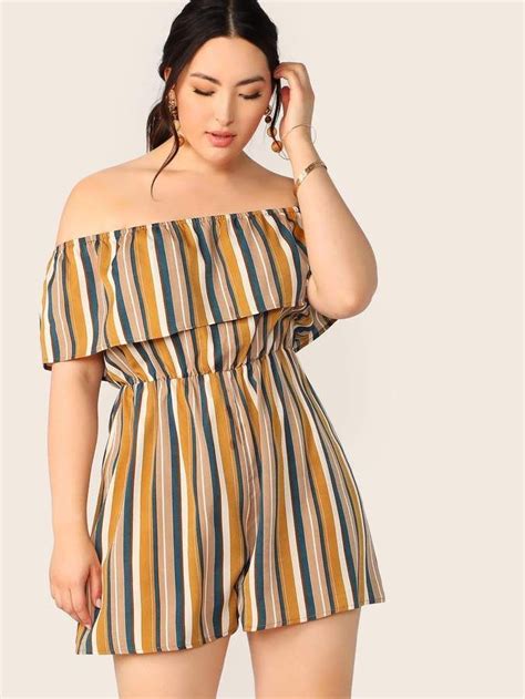 Shein Plus Striped Off Shoulder Ruffle Overlay Romper Plus Size Outfits Plus Size Romper