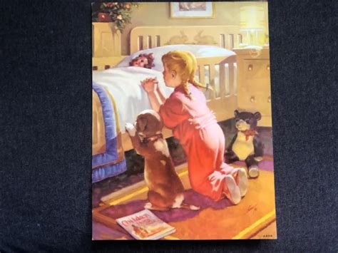 Vintage Calendar Art Litho Print Girl Dog Praying Children Story Book