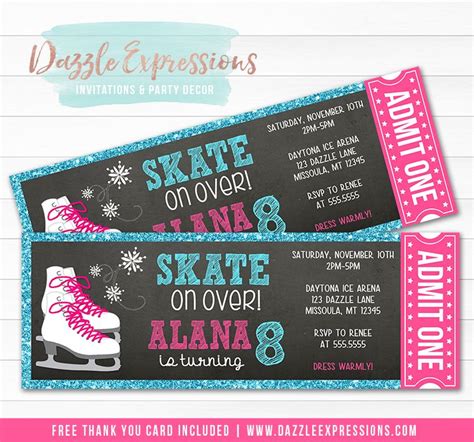 Printable Ice Skating Chalkboard Ticket Birthday Invitation Ice Rink Party Pink And Aqua