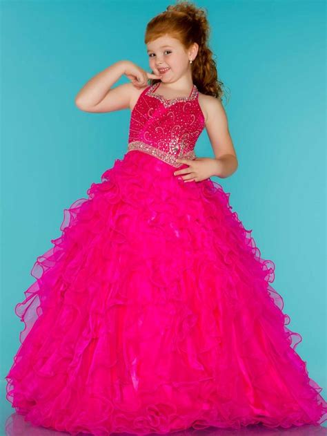 Red Ball Gown Halter Brush Train Organza Girls Pageant Dress With