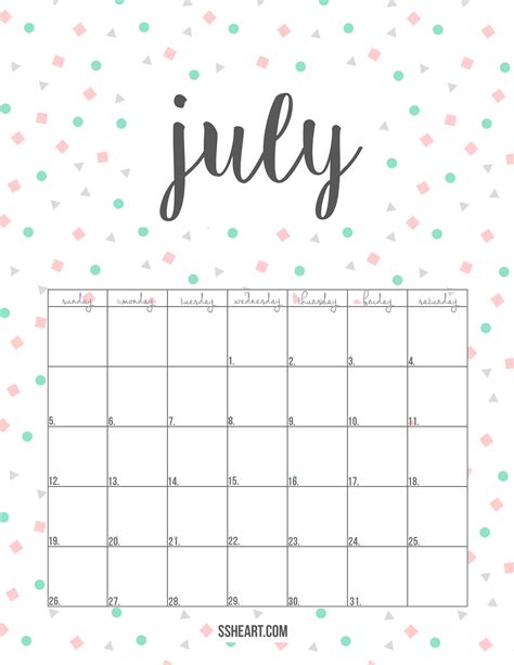 Printable July Calendar — Ssheart