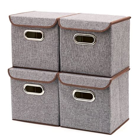 Ezoware Storage Cubes Bins With Lid 4 Pack Linen Fabric Folding Basket Containers Boxes