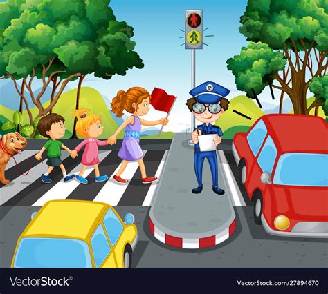 Children Crossing Road In City Royalty Free Vector Image