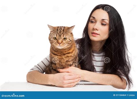 Beautiful Smiling Brunette Girl And Her Ginger Cat Over White Ba Stock Photo Image Of Girl