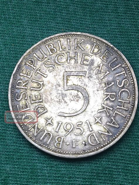 1951 F German 5 Mark Silver Coin Patina On Coin