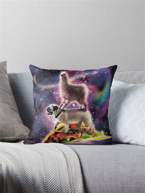 Rainbow Space Llama On Pug Riding Taco Throw Pillow By Skylerjhill